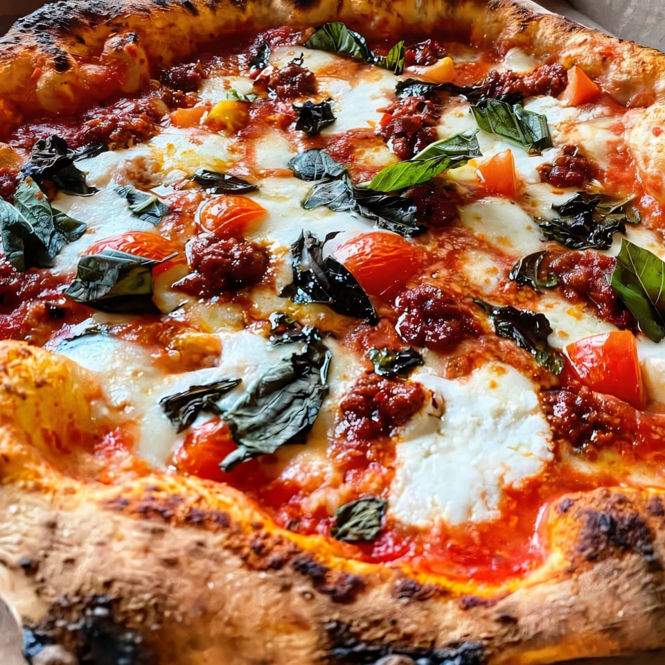 Close-up of a bubbling Aquila Pizza Al Forno pizza with tomato sauce, mozzarella, basil, and cherry tomatoes.