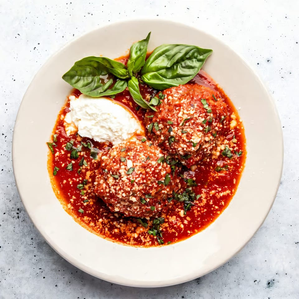 Aquila Pizza Al Forno's meatballs in red sauce with ricotta, parmesan, and basil.