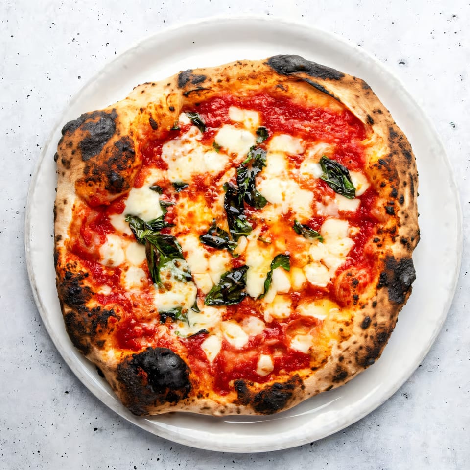 Aquila Pizza Al Forno's Neapolitan pizza with charred crust, tomato sauce, mozzarella, and fresh basil.