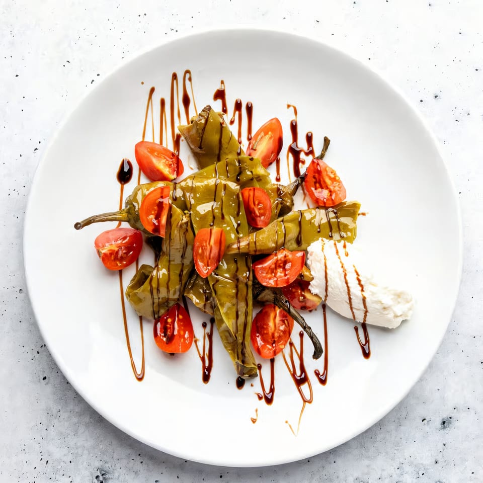 Roasted green peppers with halved cherry tomatoes, a dollop of ricotta, and balsamic glaze on a white plate.